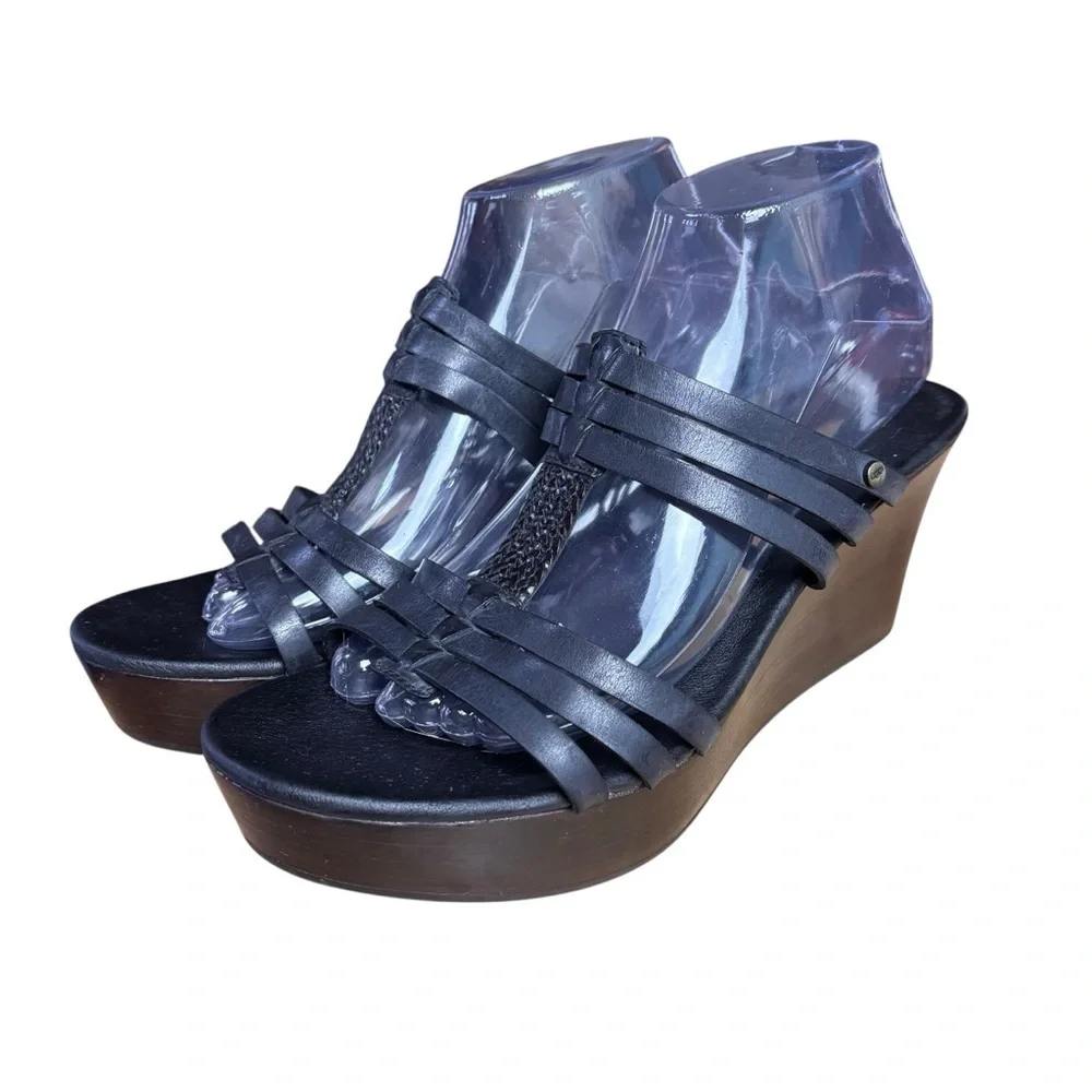 UGG Mattie Wedge Black Leather Sandals – Women’s Sz 10